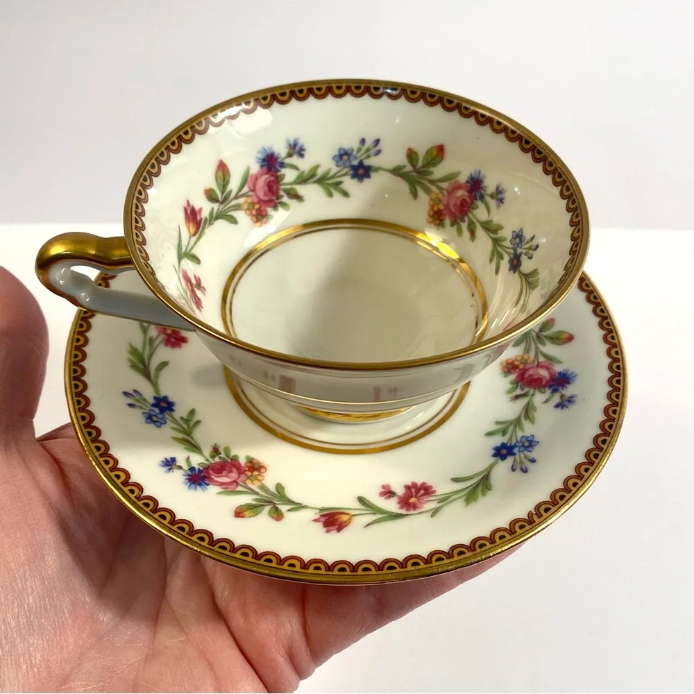 2 Raynaud Limoges France Country Flowers Footed Cups & Saucers Porcelain China